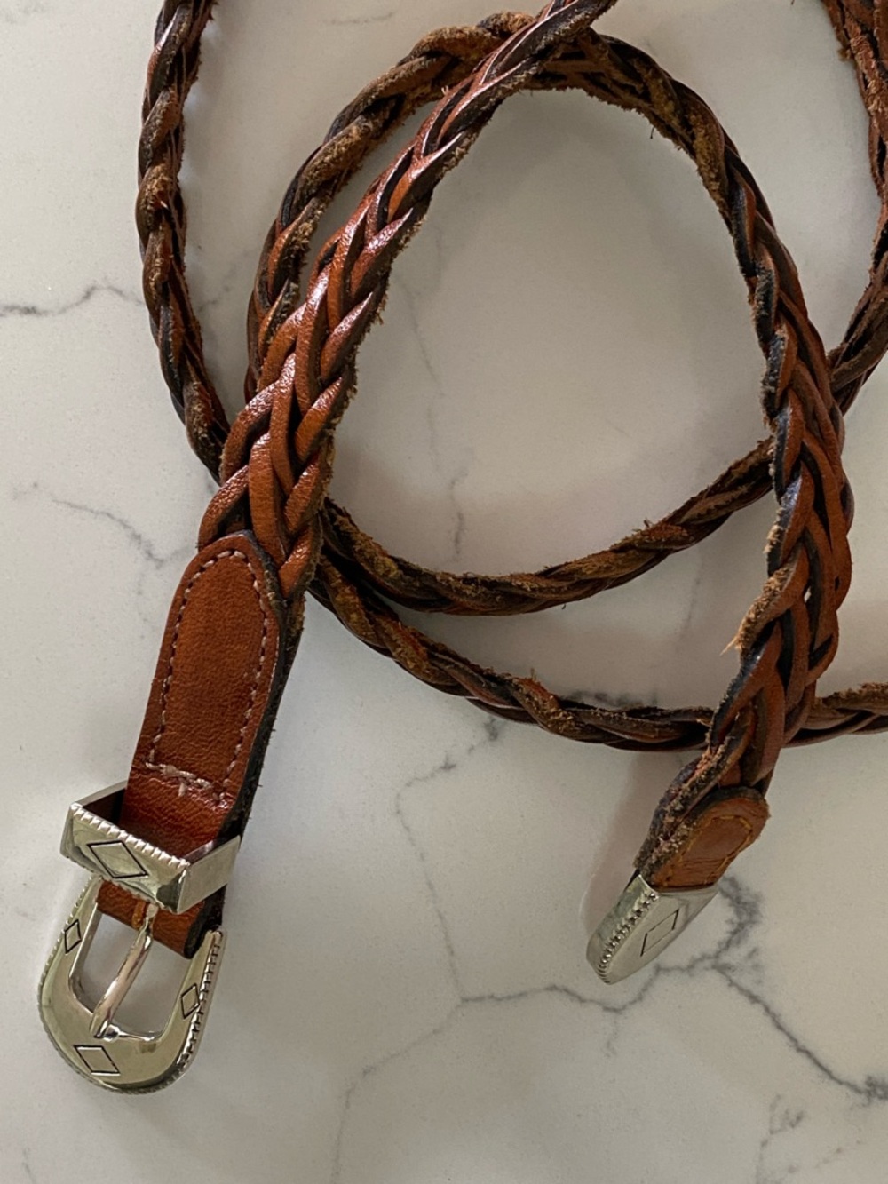 Vintage Braided Brown Leather Belt with Decorative Silver-tone Buckle